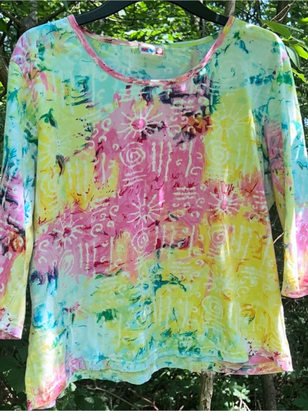 Vintage American Sweetheart Tie Dye 3/4 Sleeve Sun Spiral Graphic Shirt